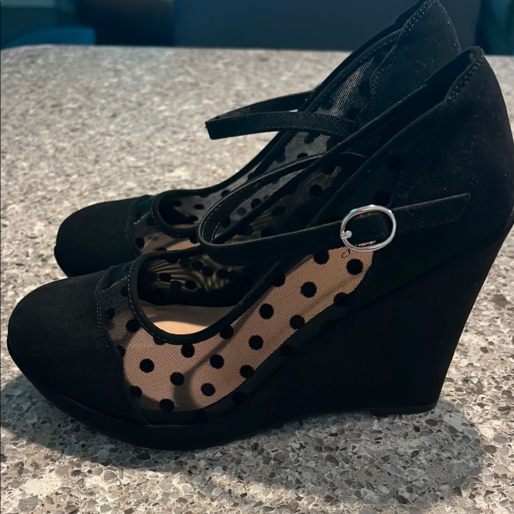 Torrid Black Mary Jane Platform Wedges with Polka Dot Detail
